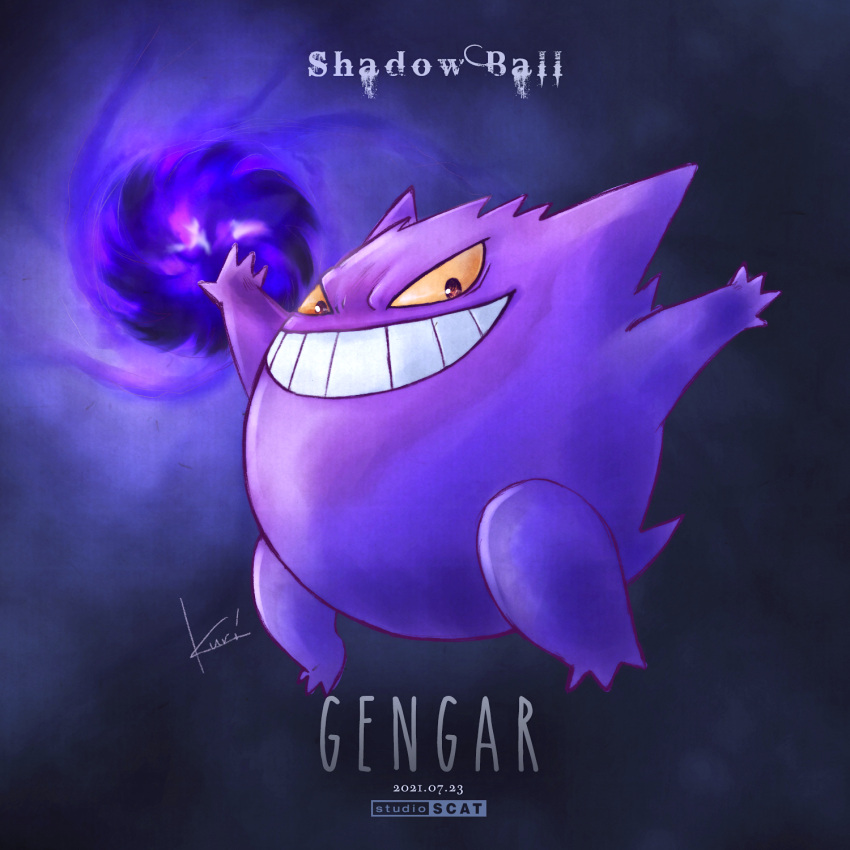 brown_eyes character_name colored_sclera commentary_request dated full_body gen_1_pokemon gengar grin highres outstretched_arms pokemon pokemon_(creature) poponta_(hi-key) shadow_ball_(pokemon) signature smile solo teeth yellow_sclera