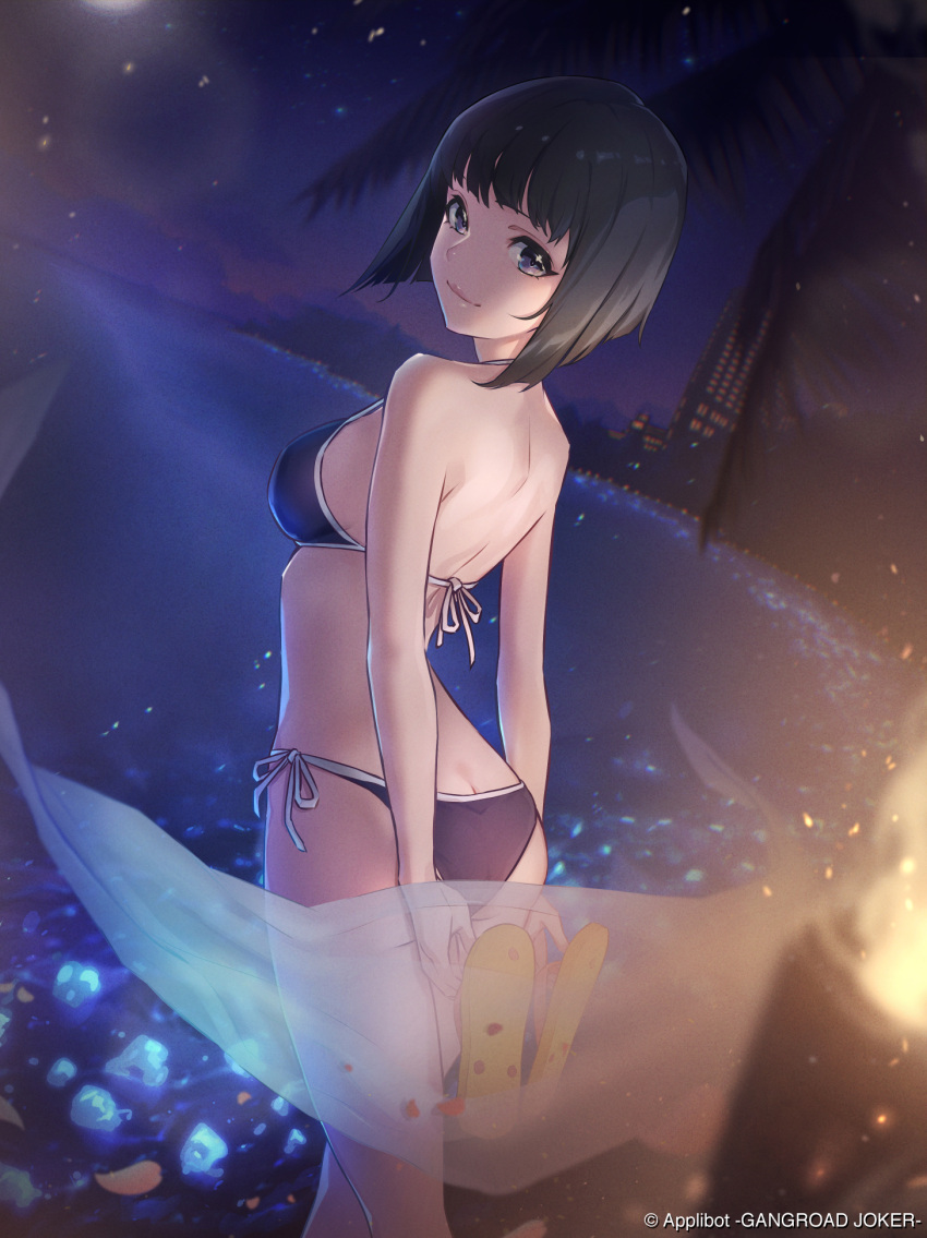 1girl arms_behind_back ass back beach bikini black_hair breasts building company_name copyright_name eito_nishikawa from_behind furyou_michi_~gang_road~ highres holding holding_clothes holding_footwear lips looking_at_viewer looking_back medium_breasts momogata_akane_(furyou_michi) night night_sky official_art sandals_removed short_hair side-tie_bikini sky swimsuit violet_eyes water
