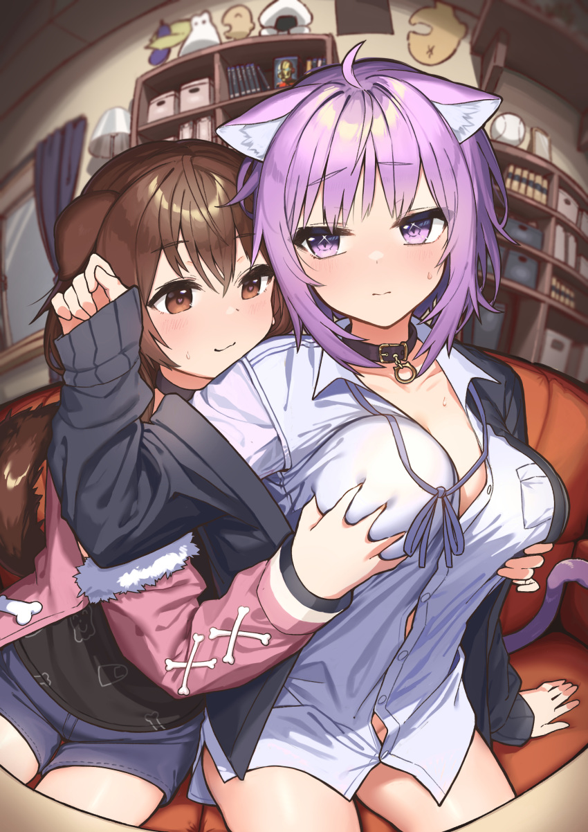 2girls absurdres ahoge animal_ear_fluff animal_ears bangs black_collar black_jacket black_shirt blue_shorts blush bookshelf breast_grab breasts brown_eyes brown_hair cat_ears cat_girl cat_tail closed_mouth collar collared_shirt commentary_request couch dog_ears dog_girl dog_tail dress_shirt eyebrows_visible_through_hair grabbing hair_between_eyes hairband heart heart-shaped_pupils highres hololive indoors inugami_korone jacket large_breasts listener_(inugami_korone) long_sleeves looking_at_another multiple_girls nekomata_okayu official_alternate_costume on_couch onigirya_(nekomata_okayu) open_clothes open_jacket partially_unbuttoned pink_jacket purple_hair shirokuma_1231 shirt short_hair short_shorts shorts sweatdrop symbol-shaped_pupils tail violet_eyes virtual_youtuber white_shirt yuri