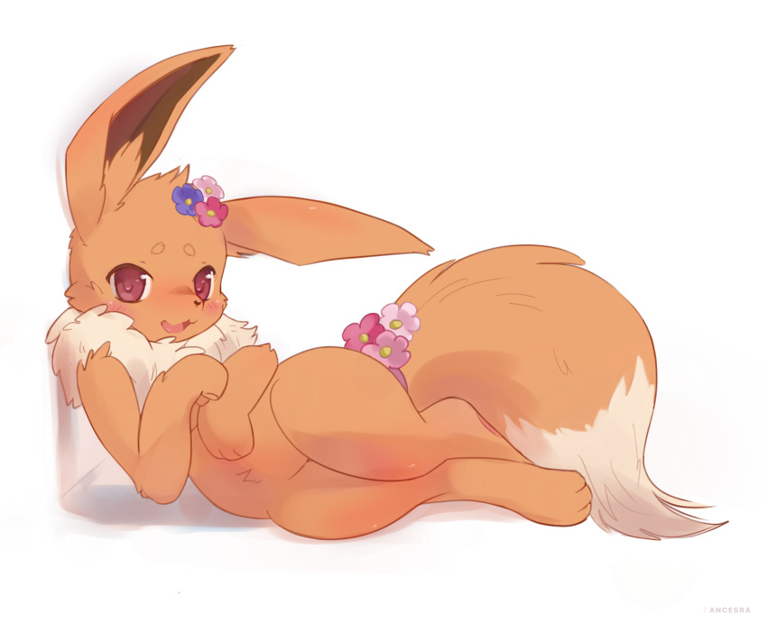 :3 ancesra animal_focus artist_name blush commentary eevee english_commentary flower fluffy full_body gen_1_pokemon hair_flower hair_ornament hand_up happy highres legs_together looking_at_viewer lying no_humans on_side open_mouth pink_flower pokemon pokemon_(creature) purple_flower simple_background smile solo violet_eyes watermark white_background