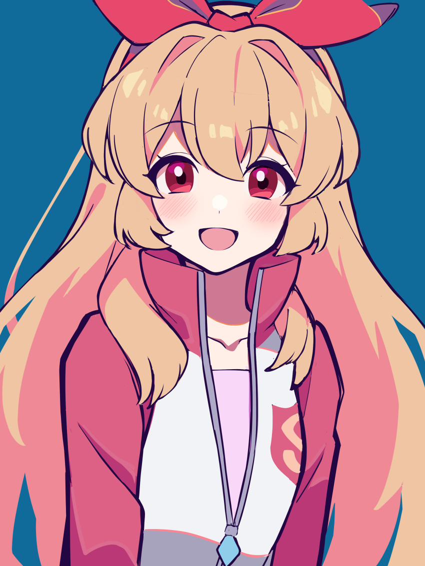 1girl absurdres aikatsu!_(series) bangs blonde_hair blue_background blush bow collarbone commentary_request eyebrows_visible_through_hair hair_bow highres hoshimiya_ichigo jacket long_hair long_sleeves looking_at_viewer open_mouth partially_unzipped pink_shirt red_bow red_eyes red_jacket shirt simple_background smile solo track_jacket uhouhogorigori upper_body white_jacket zipper_pull_tab
