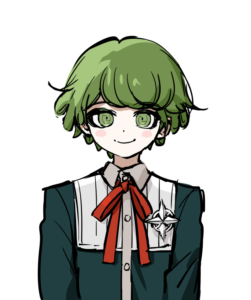 1girl bangs blush_stickers dangan_ronpa_(series) dangan_ronpa_2:_goodbye_despair dress_shirt earrings genderswap genderswap_(ftm) green_eyes green_hair green_shirt grey_background highres jacket jewelry looking_at_viewer neck_ribbon no_(xpxz7347) red_ribbon ribbon shirt short_hair simple_background smile solo towa_monaka upper_body white_background