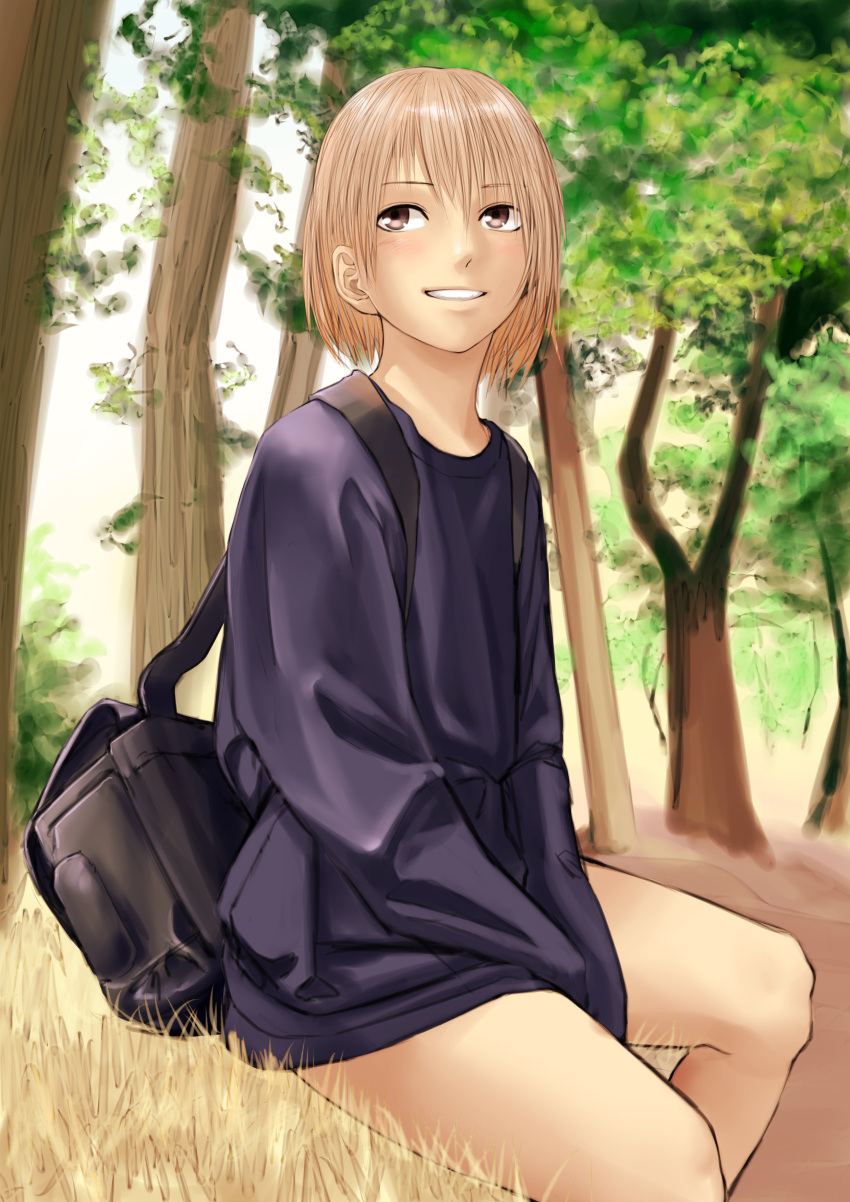 1girl :d absurdres backpack bag blonde_hair blush brown_eyes forest grass highres kirie_kairi long_sleeves nature open_mouth original purple_shirt shirt sitting sleeves_past_fingers sleeves_past_wrists smile solo tree
