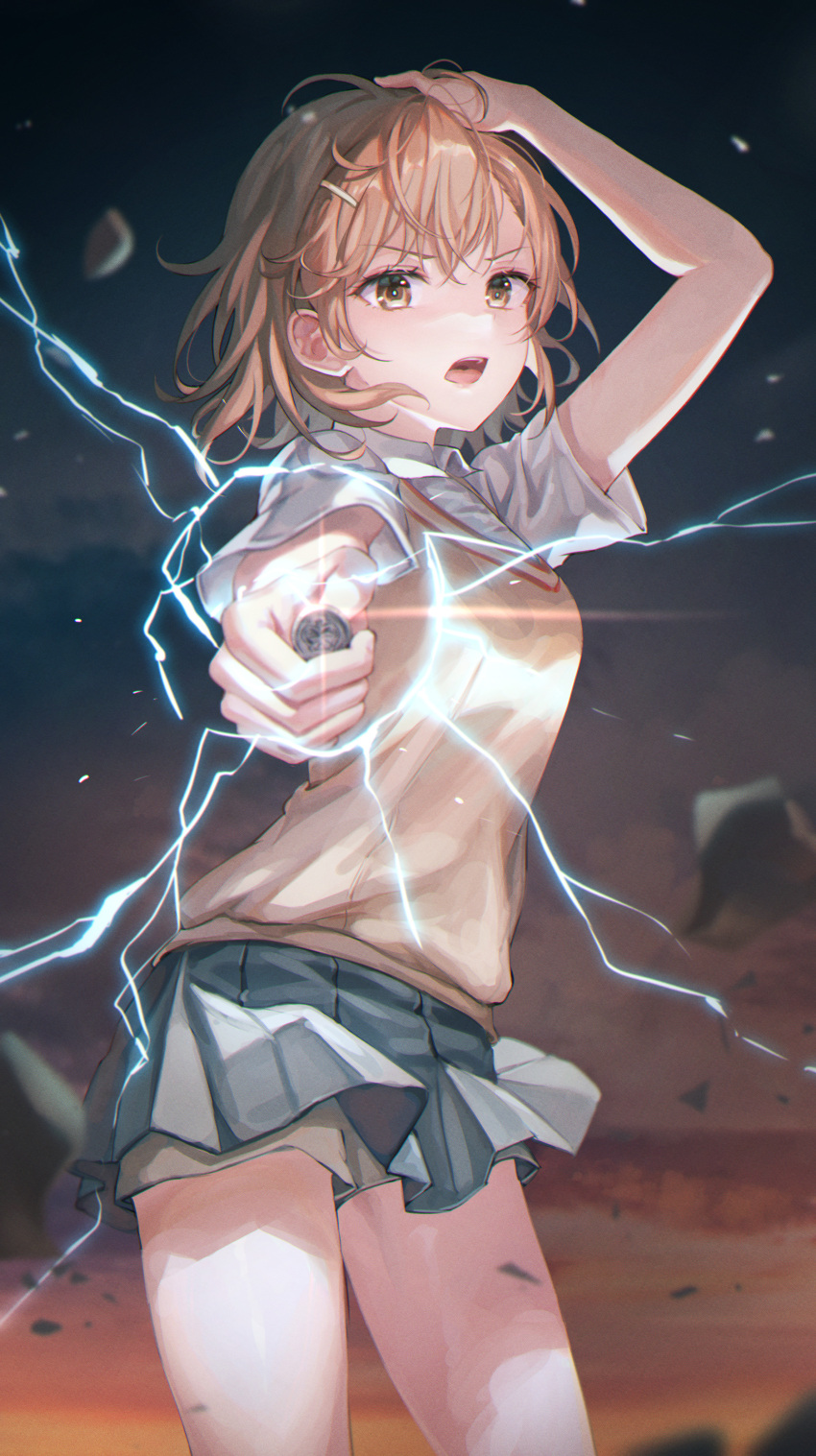 1girl absurdres aiming_at_viewer arm_up blush breasts brown_eyes brown_hair coin commentary cowboy_shot electricity hair_ornament hairclip highres looking_at_viewer miniskirt misaka_mikoto open_mouth pleated_skirt school_uniform shirt short_hair short_sleeves shorts shorts_under_skirt skirt solo toaru_majutsu_no_index tokkyu vest white_shirt