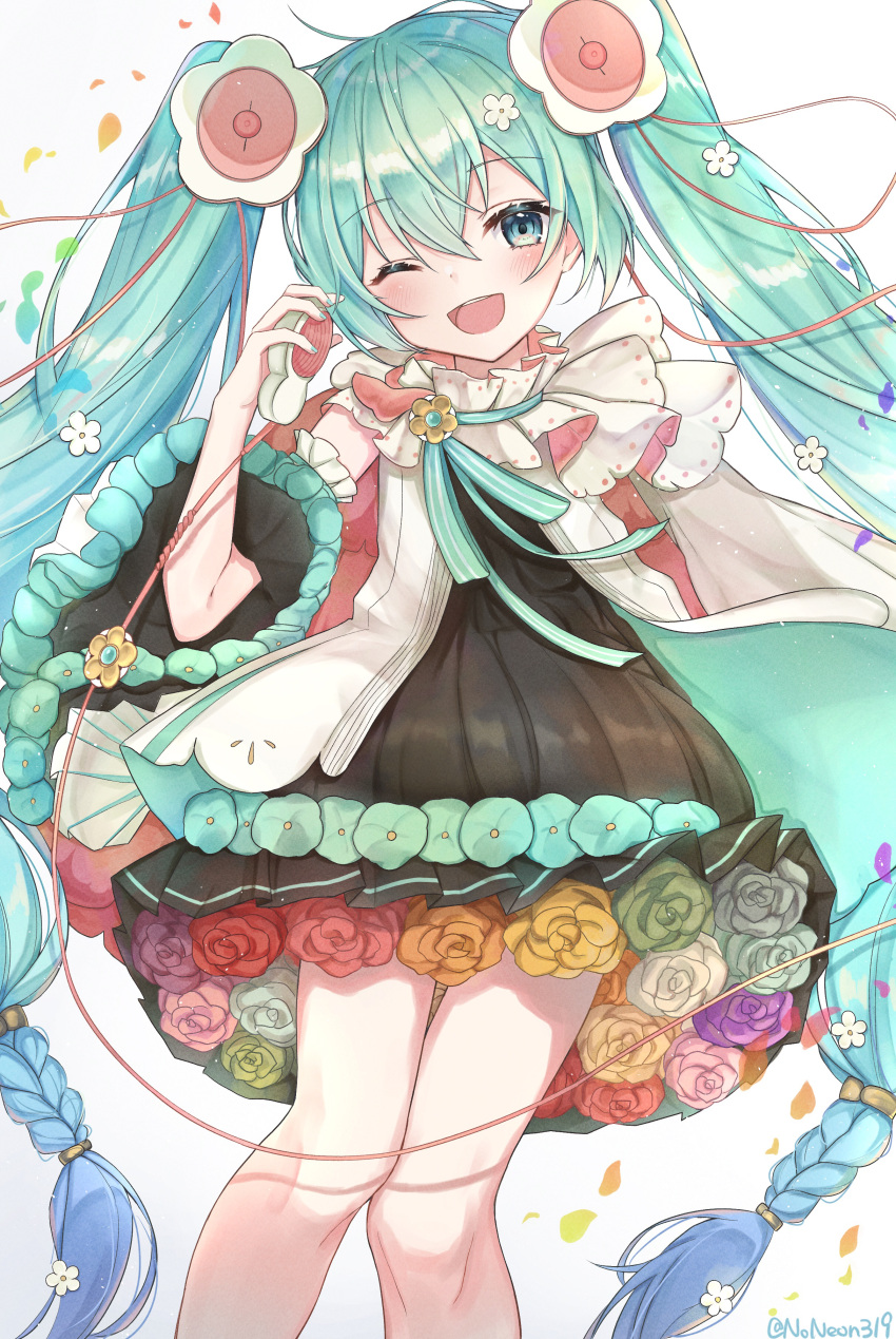 1girl absurdres aqua_flower aqua_rose black_dress black_skirt blue_flower blue_hair blue_rose braid cable cape commentary cowboy_shot detached_sleeves dress flower gradient_hair green_flower green_rose hair_flower hair_ornament hair_tie hatsune_miku highres light_blush long_hair looking_at_viewer magical_mirai_(vocaloid) medallion microphone miniskirt multicolored_hair noneon319 one_eye_closed open_mouth orange_flower orange_rose petals pink_flower pink_rose pleated_skirt purple_flower purple_rose rainbow red_flower red_rose rose skirt sleeveless sleeveless_dress smile solo twin_braids twintails twitter_username very_long_hair vocaloid white_background white_flower white_rose wide_sleeves yellow_flower yellow_rose
