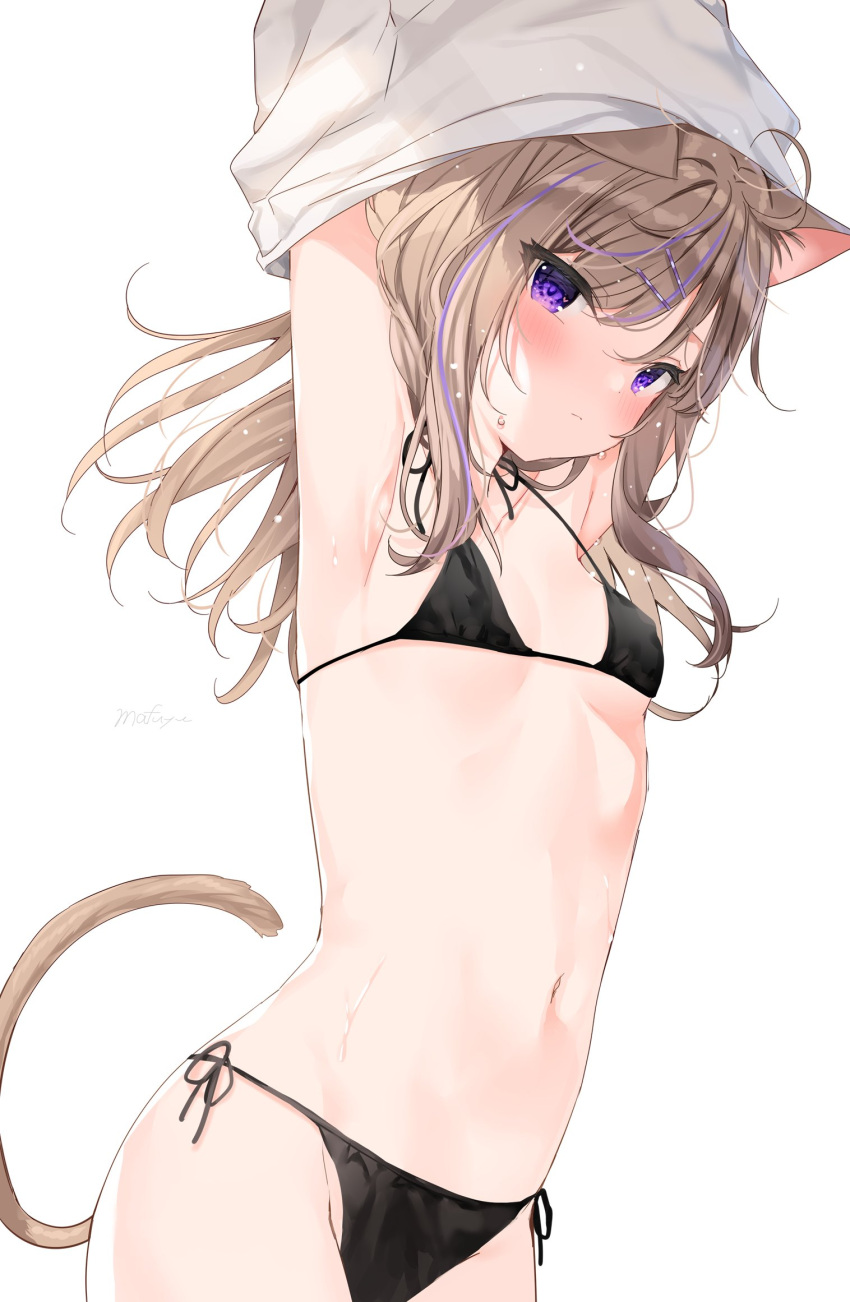 1girl animal_ear_fluff animal_ears arms_up bangs bikini black_bikini blush breasts brown_hair cat_ears cat_girl cat_tail closed_mouth collarbone commentary_request eyebrows_visible_through_hair groin hair_between_eyes hair_ornament hairclip halter_top halterneck highres leo_(mafuyu) long_hair looking_at_viewer mafuyu_(chibi21) multicolored_hair navel original purple_hair shirt side-tie_bikini simple_background small_breasts solo streaked_hair swimsuit tail undressing violet_eyes white_background white_shirt