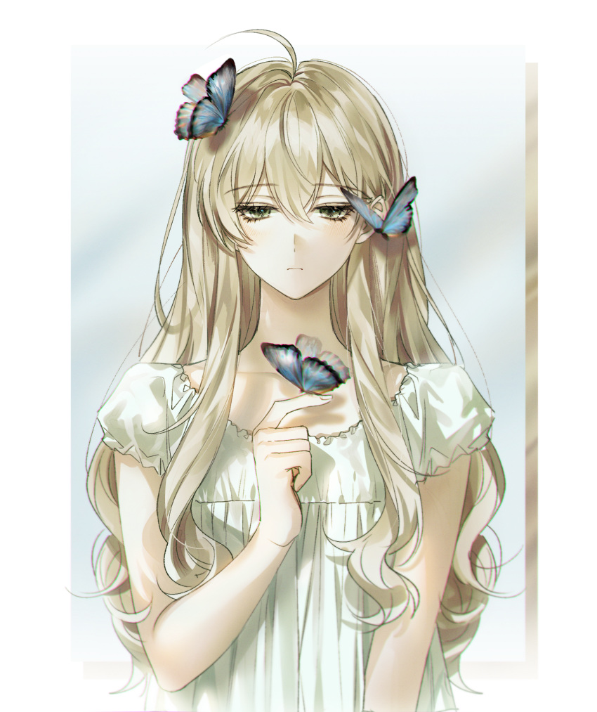 1girl ahoge bangs blonde_hair blue_background border bug butterfly butterfly_on_finger butterfly_on_head collarbone commentary dress eyebrows_visible_through_hair hair_around_ear highres insect long_hair looking_at_animal ma_yoyo original outside_border short_sleeves sidelocks symbol_commentary white_border white_dress yellow_eyes