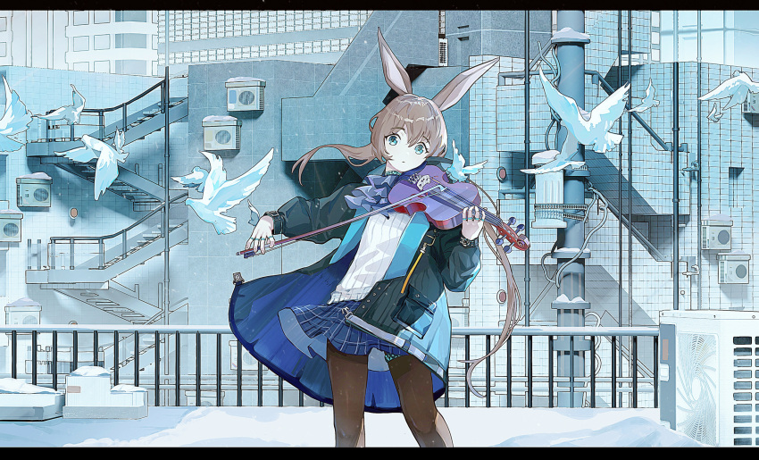 1girl air_conditioner amiya_(arknights) animal_ears arknights ascot bangs bird black_coat black_legwear blue_coat blue_eyes blue_neckwear blue_skirt bow_(instrument) brown_hair building chinese_commentary closed_mouth coat commentary_request cowboy_shot eyebrows_visible_through_hair frilled_ascot frills highres holding holding_instrument instrument jewelry letterboxed long_hair long_sleeves looking_at_viewer multiple_rings music open_clothes open_coat outdoors pantyhose plaid plaid_skirt playing_instrument rabbit_ears ring shirt skirt snow solo stairs two-sided_coat violin white_shirt wind wind_lift xianjiu