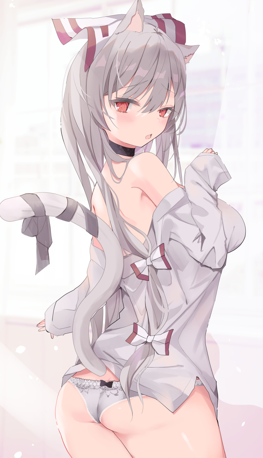 1girl absurdres animal_ears ass bangs black_choker blush bow breasts cat_ears cat_tail chestnut_mouth choker commentary contrapposto cowboy_shot eyebrows_visible_through_hair from_behind fujiwara_no_mokou grey_background grey_hair grey_ribbon grey_shirt hair_between_eyes hair_bow hair_ribbon hand_up highres hiiro60 kemonomimi_mode large_breasts long_hair long_sleeves looking_at_viewer off_shoulder open_mouth panties raised_eyebrows red_eyes ribbon shirt simple_background sleeves_past_wrists solo tail tail_ornament tail_ribbon touhou tress_ribbon underwear very_long_hair white_bow