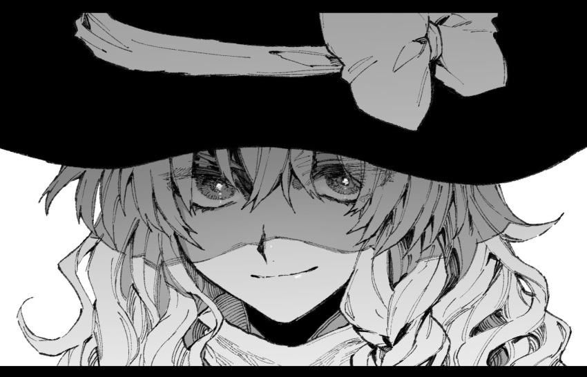 1girl bangs bow chouonsoku-jiisan closed_mouth face greyscale hat hat_bow kirisame_marisa letterboxed long_hair monochrome portrait simple_background solo touhou witch_hat