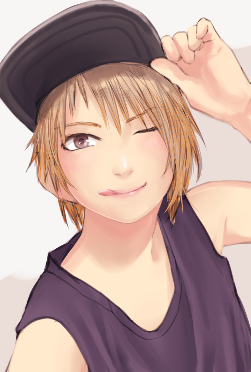 1girl :q baseball_cap blonde_hair brown_eyes hand_up hat hat_tip highres kilye_kairi looking_at_viewer one_eye_closed original purple_shirt shirt short_hair sleeveless sleeveless_shirt smile solo tongue tongue_out upper_body