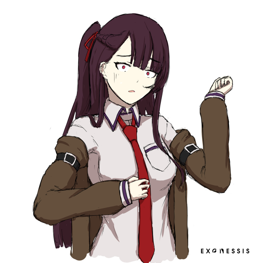 1girl absurdres alternate_costume crossover exonessis eyebrows_visible_through_hair girls_frontline highres jacket long_sleeves looking_at_viewer makise_kurisu purple_hair red_neckwear side_ponytail simple_background solo steins;gate upper_body wa2000_(girls_frontline) white_background