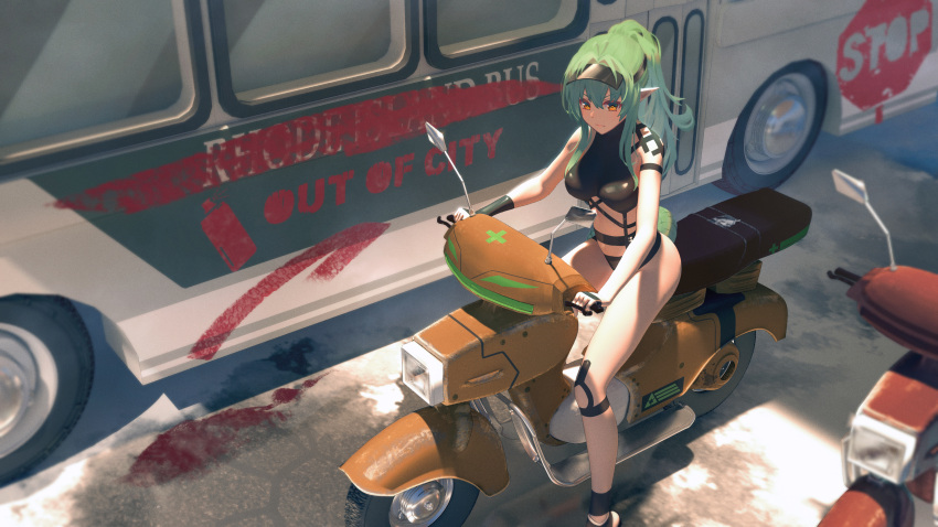 1girl absurdres arknights arm_strap bangs bare_shoulders black_headwear black_swimsuit breasts bus casual_one-piece_swimsuit chinese_commentary closed_mouth commentary_request day english_text eyebrows_visible_through_hair feet_out_of_frame gavial_(arknights) green_hair ground_vehicle heiyizhushenxia highres long_hair medium_breasts motor_vehicle official_alternate_costume one-piece_swimsuit orange_eyes outdoors pointy_ears ponytail road scooter sidelocks sitting solo street swimsuit v-shaped_eyebrows visor_cap