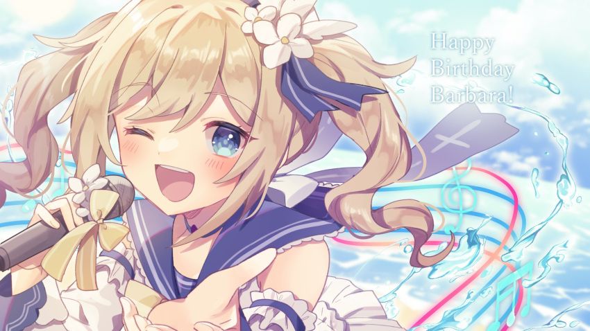 1girl bangs barbara_(genshin_impact) barbara_(summertime_sparkle)_(genshin_impact) birthday blue_eyes blue_sailor_collar blurry blurry_background blush character_name clouds commentary_request day detached_sleeves drill_hair eyebrows_visible_through_hair flower genshin_impact hair_flower hair_ornament happy_birthday highres holding holding_microphone long_hair microphone musical_note one_eye_closed outdoors partial_commentary portrait sailor_collar shirase_(shirose) sky solo twin_drills water white_flower