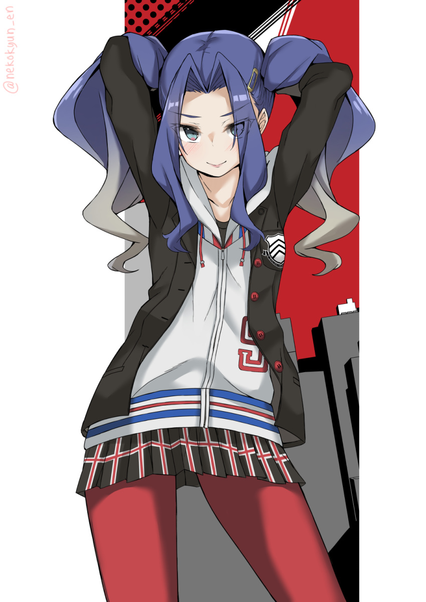 1girl arms_up black_jacket black_skirt blue_eyes blue_hair cardigan cosplay cowboy_shot eyebrows_visible_through_hair floating_hair gradient_hair grey_hair hair_intakes hair_ornament hairclip highres hooded_cardigan jacket long_hair long_sleeves looking_at_viewer melty_q_melromarc miniskirt multicolored_hair nekokyun open_clothes open_jacket pantyhose persona persona_5 plaid plaid_skirt pleated_skirt red_legwear shiny shiny_hair skirt solo standing takamaki_anne takamaki_anne_(cosplay) tate_no_yuusha_no_nariagari twintails white_cardigan