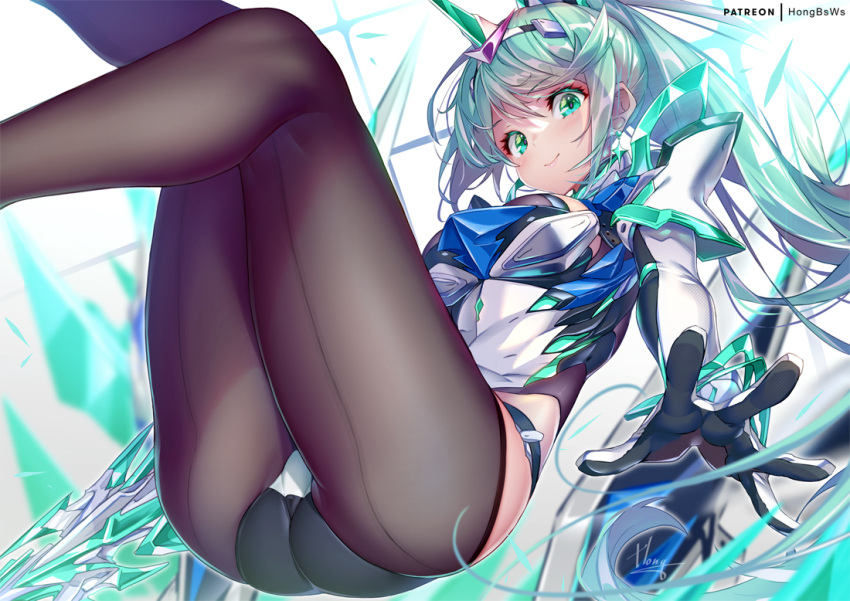 1girl aegis_sword_(xenoblade) ass bangs black_legwear blush breasts earrings elbow_gloves gloves green_eyes green_hair highleg highleg_leotard hong_(white_spider) jewelry large_breasts leotard long_hair looking_at_viewer pantyhose pneuma_(xenoblade) ponytail smile solo swept_bangs sword thighs tiara weapon xenoblade_chronicles_(series) xenoblade_chronicles_2