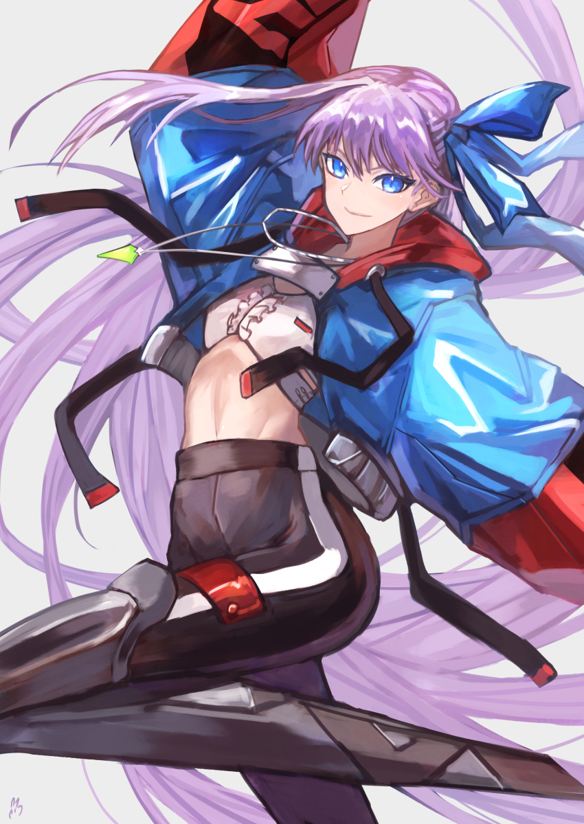 1girl absurdres bangs black_pants blue_eyes blue_jacket blue_ribbon blush breasts cropped_jacket fate/extra fate/extra_ccc fate/grand_order fate_(series) full_body greaves hair_ribbon highres jacket jewelry long_hair long_sleeves looking_at_viewer meltryllis_(fate) navel necklace one_eye_closed pants petcha_the_o prosthesis prosthetic_leg purple_hair ribbon sleeves_past_fingers sleeves_past_wrists small_breasts smile very_long_hair