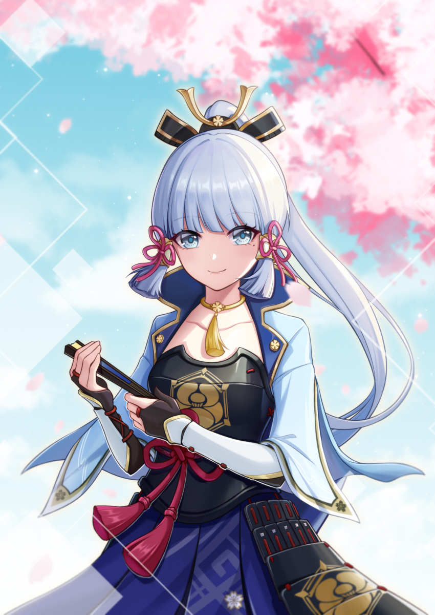 1girl armor bangs blue_eyes blue_sky blunt_bangs blush breastplate cherry_blossoms choker closed_mouth fan fingerless_gloves genshin_impact gloves hair_ornament highres holding holding_fan japanese_clothes kamisato_ayaka light_blue_hair looking_at_viewer mole mole_under_eye ponytail que_meng_meng sky smile solo vambraces