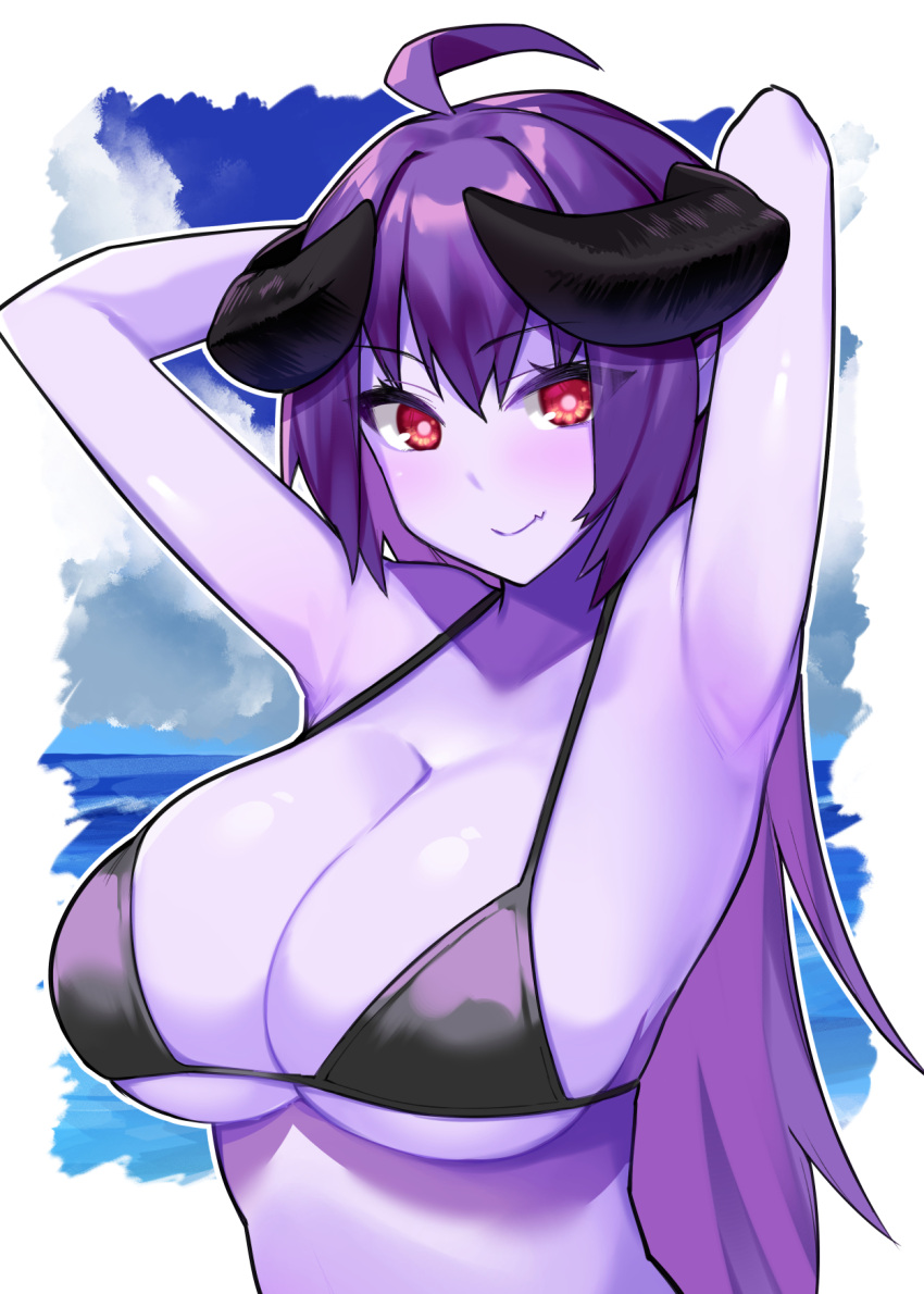 1girl ahoge armpits arms_up arunira bangs bikini bikini_top black_bikini black_horns blue_skin border breasts brll closed_mouth colored_skin commentary_request demon_girl demon_horns eyebrows_visible_through_hair highres horns large_breasts light_blush long_hair looking_at_viewer original purple_hair red_eyes smile solo swimsuit upper_body wavy_mouth white_border