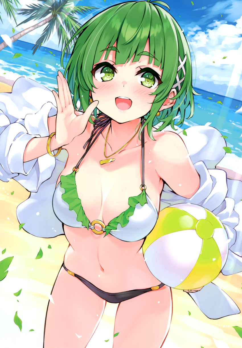 1girl absurdres ball bangs beachball bikini blush breasts collarbone cu-no day earrings green_eyes green_hair highres hisen_kaede holding jewelry medium_breasts necklace ocean open_mouth scan short_hair smile solo swimsuit water