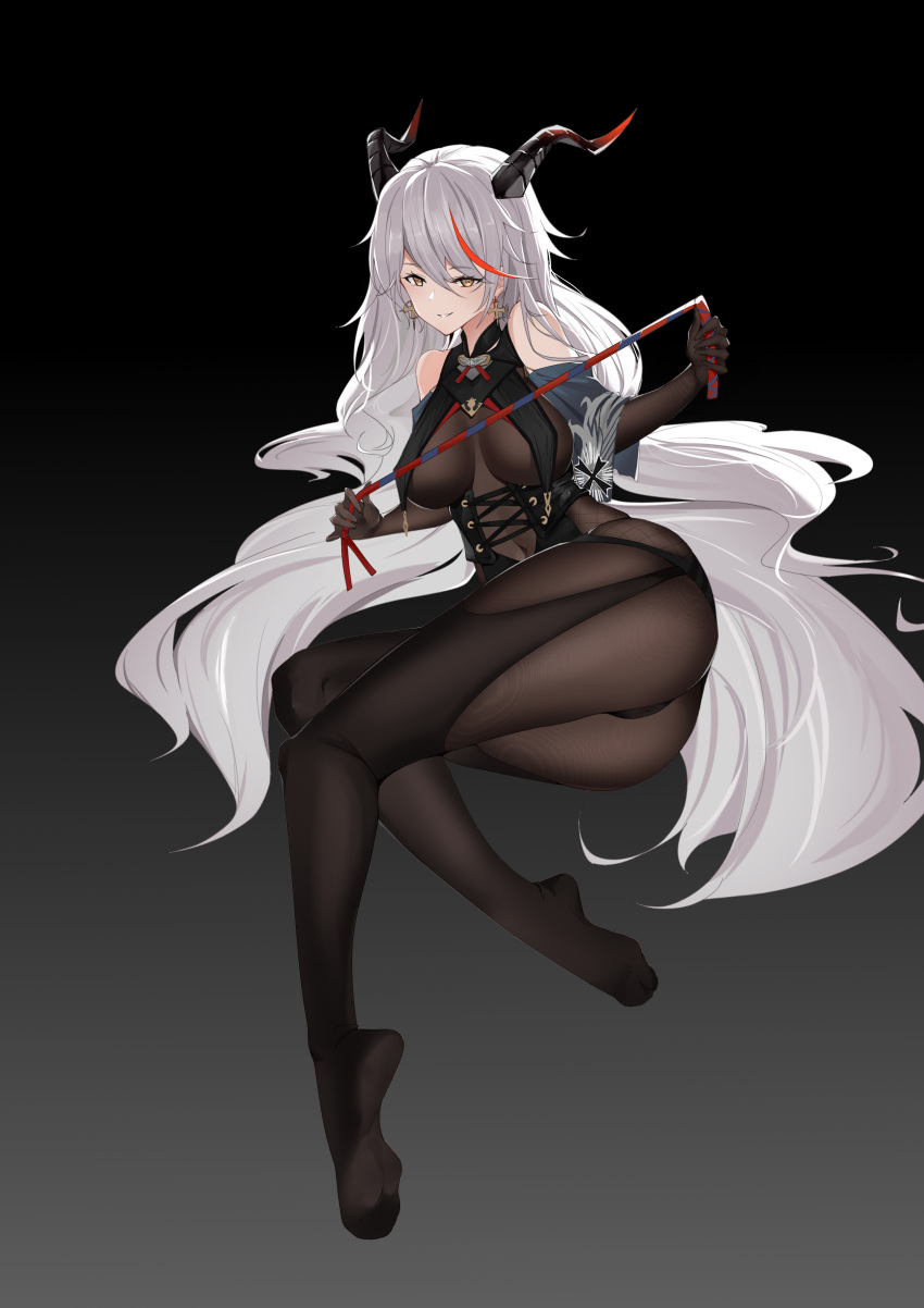 1girl absurdly_long_hair absurdres aegir_(azur_lane) ass azur_lane black_background black_panties bodystocking breast_curtains covered_navel cross cross_earrings demon_horns earrings feifei full_body highres holding holding_whip horns iron_cross jewelry long_hair looking_at_viewer multicolored_hair no_shoes panties pantyhose redhead revealing_clothes soles streaked_hair two-tone_hair underwear very_long_hair white_hair yellow_eyes