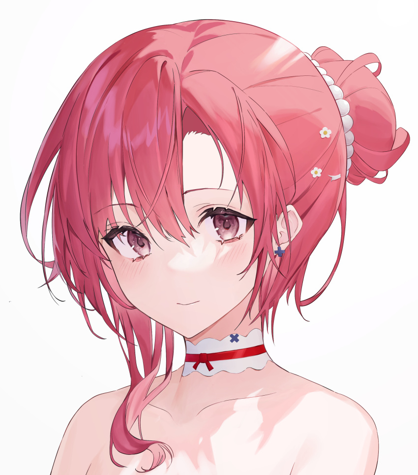 1girl absurdres armpit_crease azur_lane bangs bare_shoulders black_prince_(azur_lane) black_prince_(pop_the_cork)_(azur_lane) blush choker closed_mouth collarbone commentary earrings eyebrows_visible_through_hair flower hair_between_eyes hair_bun hair_flower hair_ornament hair_over_shoulder highres jewelry kabi_(zcwd8845) looking_at_viewer pink_hair portrait red_choker sidelocks simple_background smile solo violet_eyes white_background