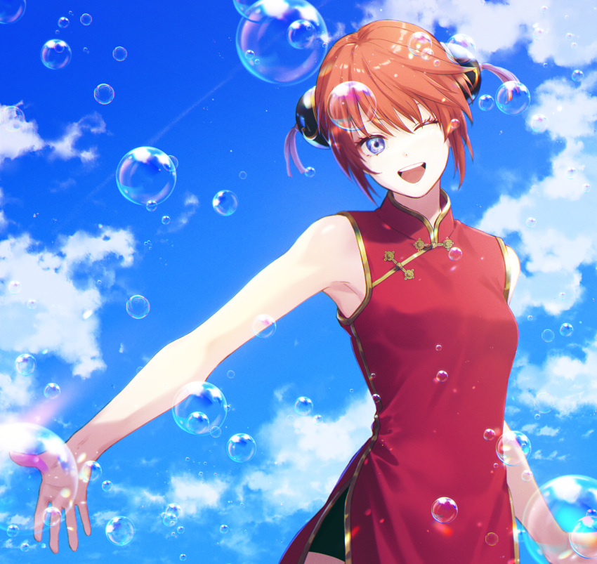 1girl ;d blue_eyes blue_sky breasts brown_hair bubble clouds cma_cmakuma day double_bun gintama hair_between_eyes highres kagura_(gintama) looking_at_viewer one_eye_closed open_mouth outdoors outstretched_hand red_shirt shirt short_hair sky sleeveless sleeveless_shirt small_breasts smile solo standing