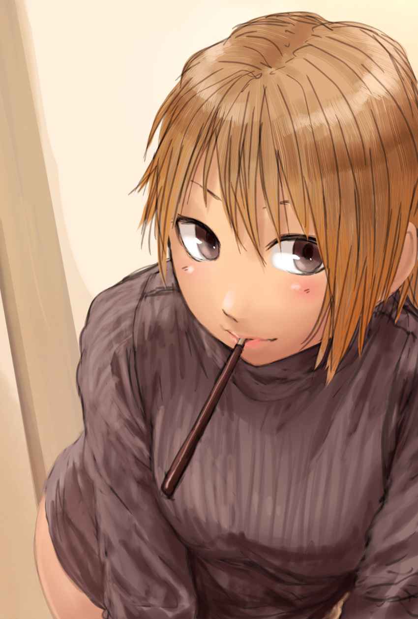 1girl blonde_hair blush breasts brown_eyes brown_sweater food highres kilye_kairi leaning_forward looking_at_viewer mouth_hold original pocky pocky_day ribbed_sweater short_hair smile solo sweater