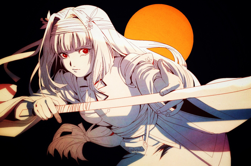 1girl apize black_background breasts headband highres holding holding_sword holding_weapon katana limited_palette long_hair low-tied_long_hair medium_breasts original red_eyes solo sword very_long_hair weapon