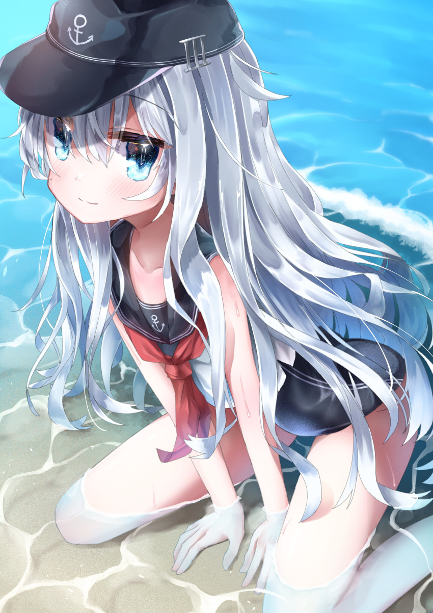 1girl absurdres adapted_costume anchor_symbol barefoot black_headwear black_sailor_collar black_swimsuit commentary_request dress flat_cap hat hibiki_(kancolle) highres kantai_collection neckerchief partially_submerged red_neckwear rotroto sailor_collar sailor_shirt shirt sitting sleeveless sleeveless_shirt solo striped swimsuit swimsuit_under_clothes vertical_stripes wariza water