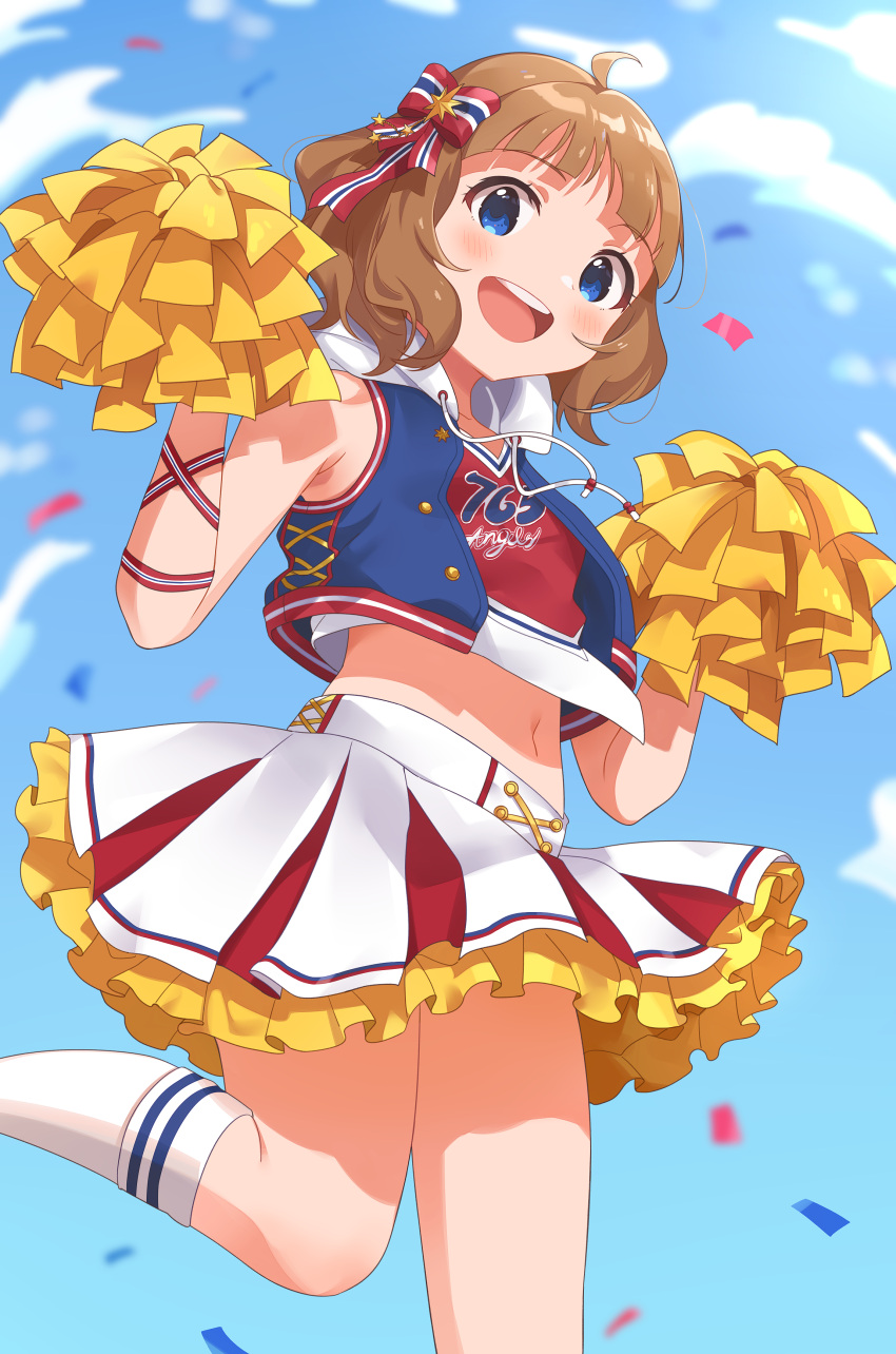 1girl :d absurdres ahoge blue_bow blue_eyes blue_jacket blue_sky blush bow brown_hair cheerleader confetti cropped_shirt day feet_out_of_frame hair_bow highres holding holding_pom_poms idolmaster idolmaster_million_live! idolmaster_million_live!_theater_days inuyama_nanami jacket jersey looking_at_viewer medium_hair midriff miniskirt multicolored_bow navel open_clothes open_jacket open_mouth outdoors pleated_skirt pom_pom_(cheerleading) red_bow round_teeth skirt sky sleeveless sleeveless_jacket smile socks solo standing standing_on_one_leg striped striped_bow suou_momoko teeth upper_teeth white_legwear