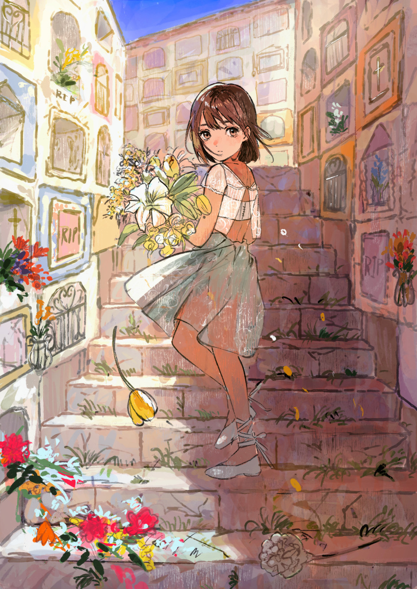1girl absurdres blue_skirt bouquet brown_flower building commentary day english_commentary flower highres holding holding_bouquet huge_filesize original outdoors qooo003 red_flower rest_in_peace_(phrase) rose see-through shirt shoes short_sleeves skirt solo stairs stone_stairs white_flower white_footwear white_shirt yellow_flower yellow_rose