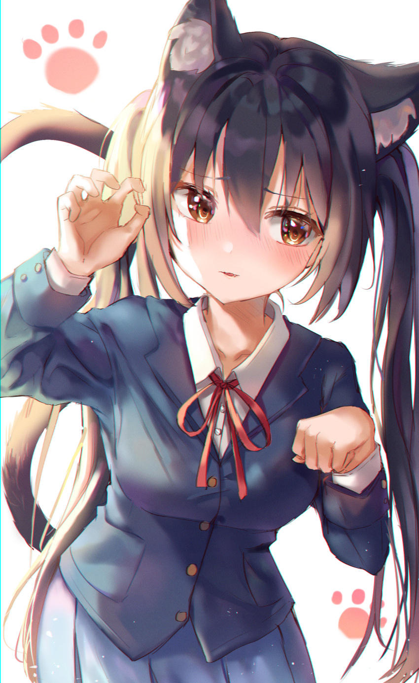 1girl absurdres animal_ears bangs black_hair blue_jacket blue_skirt blush brown_eyes claw_pose collared_shirt commentary eyebrows_visible_through_hair fang highres jacket k-on! lime1125 long_hair long_sleeves looking_to_the_side nakano_azusa paw_pose paw_print red_ribbon ribbon shirt sidelocks skirt solo twintails white_background white_shirt