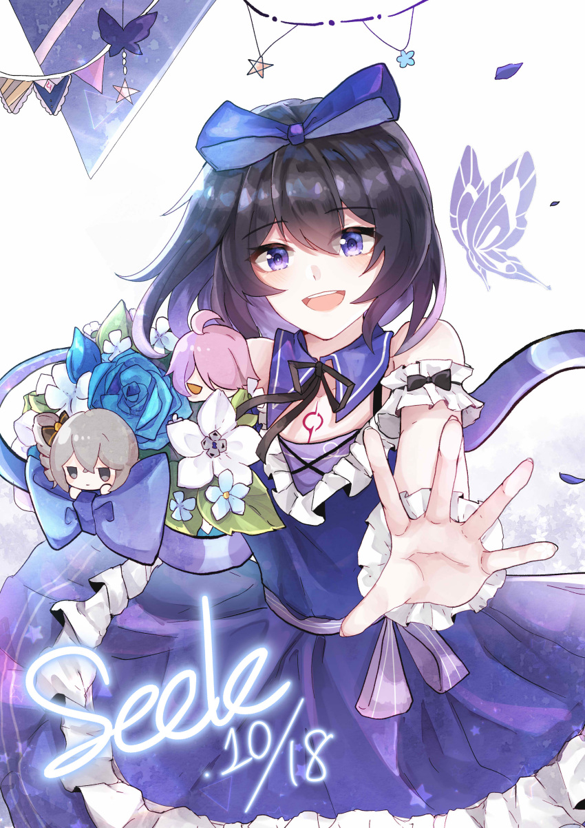 1girl :d absurdres benghuai_xueyuan black_hair black_ribbon blue_bow blue_eyes bow bug butterfly character_doll character_name dated flower frills hair_bow highres honkai_(series) honkai_impact_3rd insect open_mouth outstretched_hand ribbon seele_vollerei senin_liku short_hair smile string_of_flags white_background
