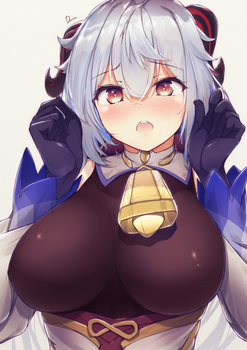 1girl bell black_gloves blue_hair breasts cowbell dermar detached_sleeves eyebrows_visible_through_hair ganyu_(genshin_impact) genshin_impact gloves goat_horns grey_background hair_between_eyes highres horns large_breasts long_hair looking_at_viewer open_mouth red_eyes simple_background upper_body
