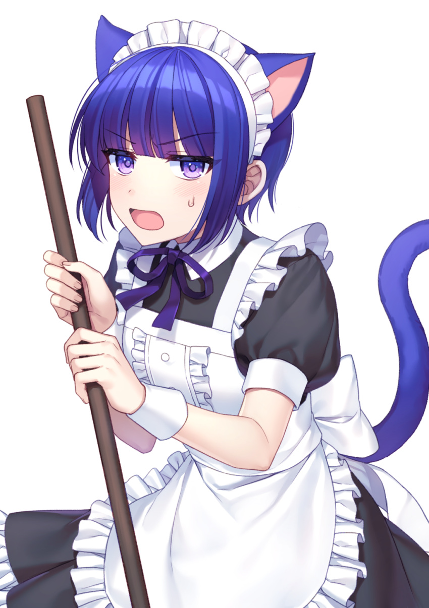 1girl animal_ears apron bangs blue_hair blue_ribbon blush cat_ears cat_tail center_frills collared_dress commentary_request eyebrows_visible_through_hair frilled_apron frills highres holding jenevan looking_at_viewer maid maid_apron maid_headdress male_focus neck_ribbon open_mouth original ribbon short_hair short_sleeves simple_background solo tail violet_eyes white_apron white_background wrist_cuffs