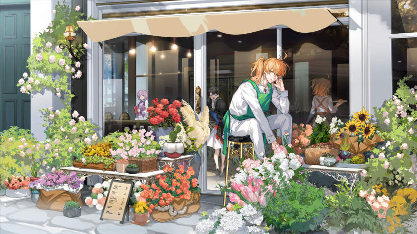 2boys 2girls ahoge apron arlizi black_hair brown_hair cobblestone collared_shirt day door fate/grand_order fate_(series) flower flower_shop fujimaru_ritsuka_(female) fujimaru_ritsuka_(male) green_apron high_ponytail highres holding holding_tray leonardo_da_vinci_(fate) long_hair mash_kyrielight menu_board multiple_boys multiple_girls one_side_up orange_hair ponytail purple_hair romani_archaman shirt shop sitting smile standing stool storefront sunflower tray white_shirt window