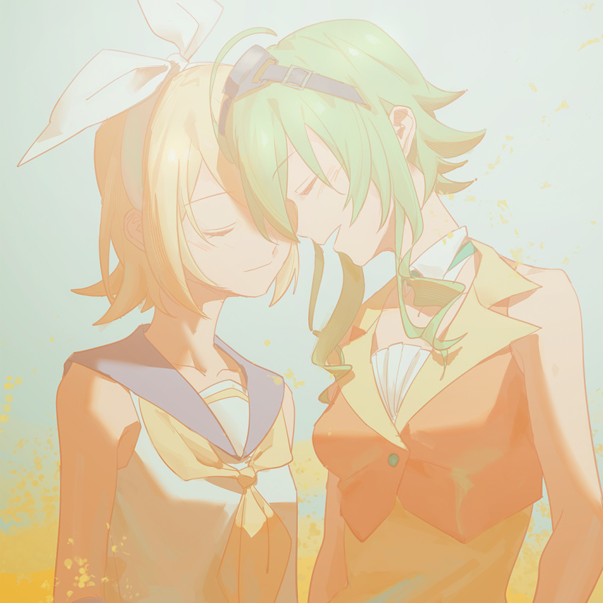 2girls bare_shoulders belt blonde_hair bow closed_eyes collar collarbone collared_shirt commentary forehead-to-forehead goggles goggles_on_head green_hair grey_collar gumi hair_bow highres kagamine_rin light_blush multiple_girls neckerchief open_mouth orange_shirt sailor_collar school_uniform shirt short_hair sidelocks sleeveless sleeveless_shirt smile standing upper_body vocaloid white_bow white_shirt wounds404 yellow_neckwear yuri