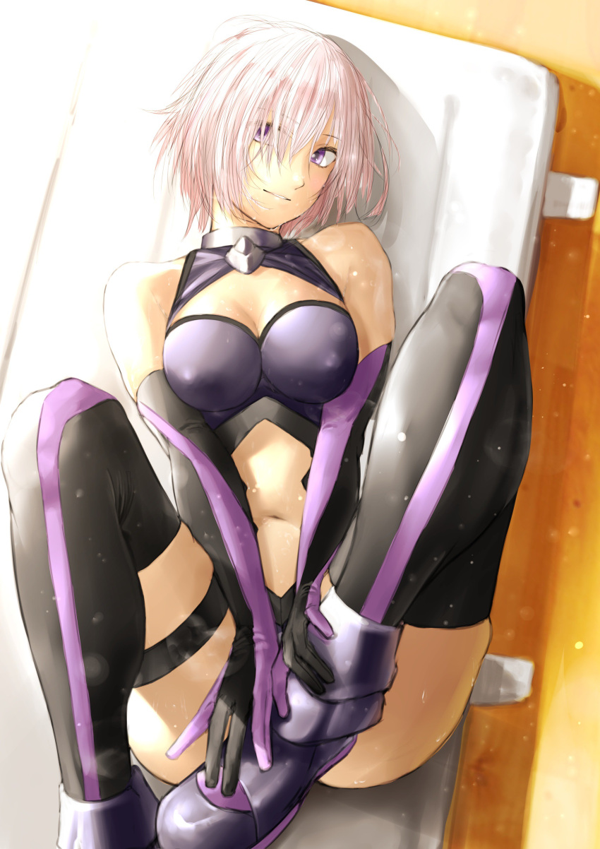 1girl absurdres bare_shoulders black_legwear breast_squeeze breasts covered_nipples elbow_gloves fate/grand_order fate_(series) gloves highres kilye_kairi looking_at_viewer lying mash_kyrielight navel on_back pink_hair smile solo thigh-highs thigh_strap violet_eyes