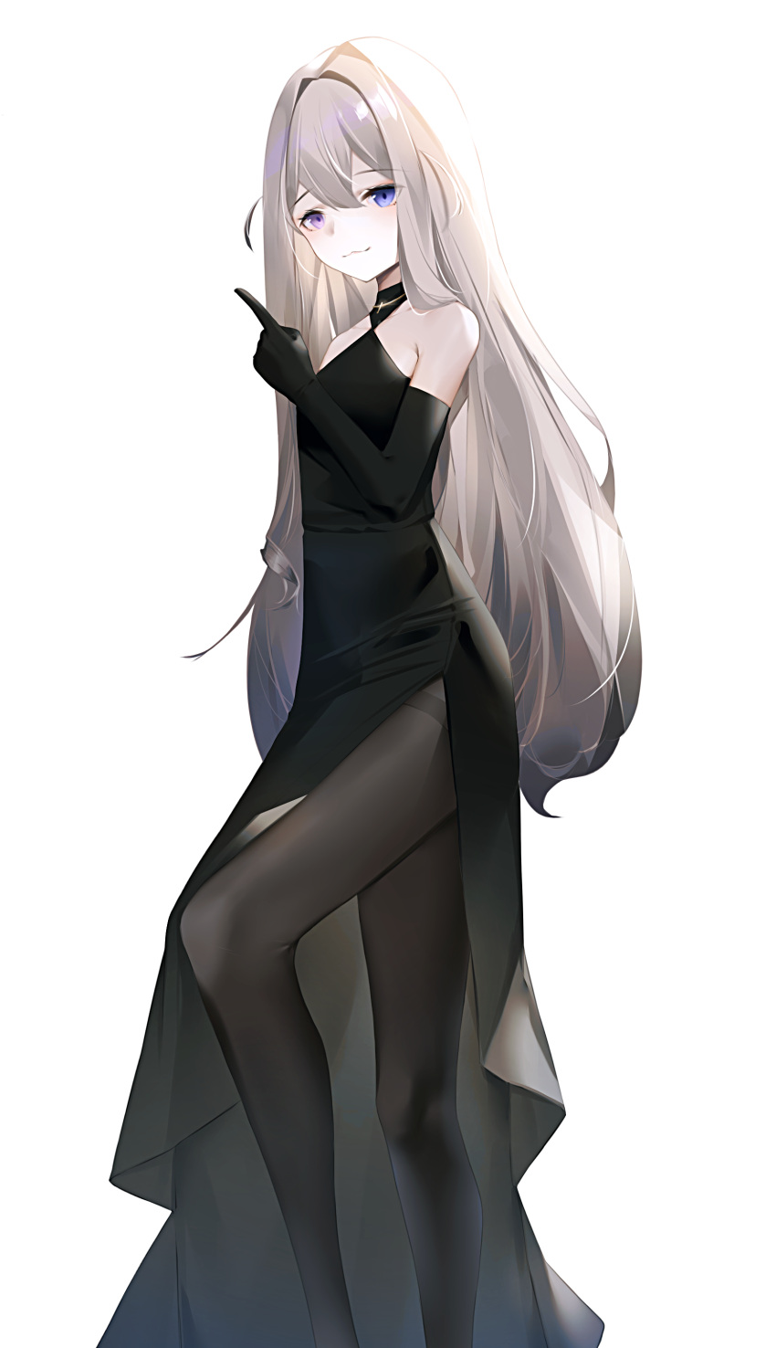 1girl absurdres azur_lane bare_shoulders black_dress black_gloves black_legwear blue_eyes breasts closed_mouth collarbone dress elbow_gloves eyebrows_visible_through_hair feet_out_of_frame gloves heterochromia highres index_finger_raised jewelry ka11_ca long_hair looking_at_viewer murmansk_(azur_lane) necklace pantyhose platinum_blonde_hair small_breasts solo standing violet_eyes white_background