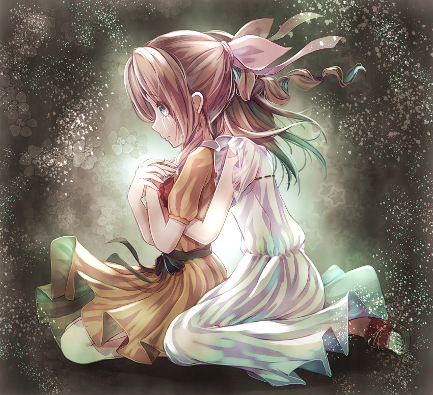 2girls aerith_gainsborough aqua_eyes brown_hair crying dress eyebrows_visible_through_hair eyes_visible_through_hair final_fantasy final_fantasy_vii fingernails from_side hair_ribbon highres hug hug_from_behind mirrorclew multiple_girls ribbon seiza short_sleeves sitting tears tifa_lockhart white_dress yellow_dress younger