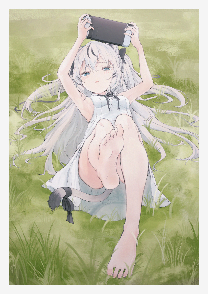 1girl animal_ear_fluff animal_ears armpits barefoot blue_eyes breasts cat_ears cat_tail convenient_leg dress feet grass highres hinatsuki_mofu holding indie_virtual_youtuber long_hair looking_at_viewer lying nintendo_switch on_back outdoors remil sideboob silver_hair sleeveless sleeveless_dress small_breasts soles solo tail