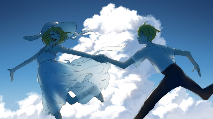 1boy 1girl ^_^ backlighting blonde_hair blue_eyes blue_sky closed_eyes clouds dress eob frilled_dress frills hair_ornament hairclip happy hat hat_ribbon highres holding_hands kagamine_len kagamine_rin outstretched_arms ribbon running sandals see-through_silhouette shirt short_hair short_sleeves sky sleeveless sleeveless_dress smile standing standing_on_one_leg sun_hat sundress vocaloid white_dress white_headwear white_shirt