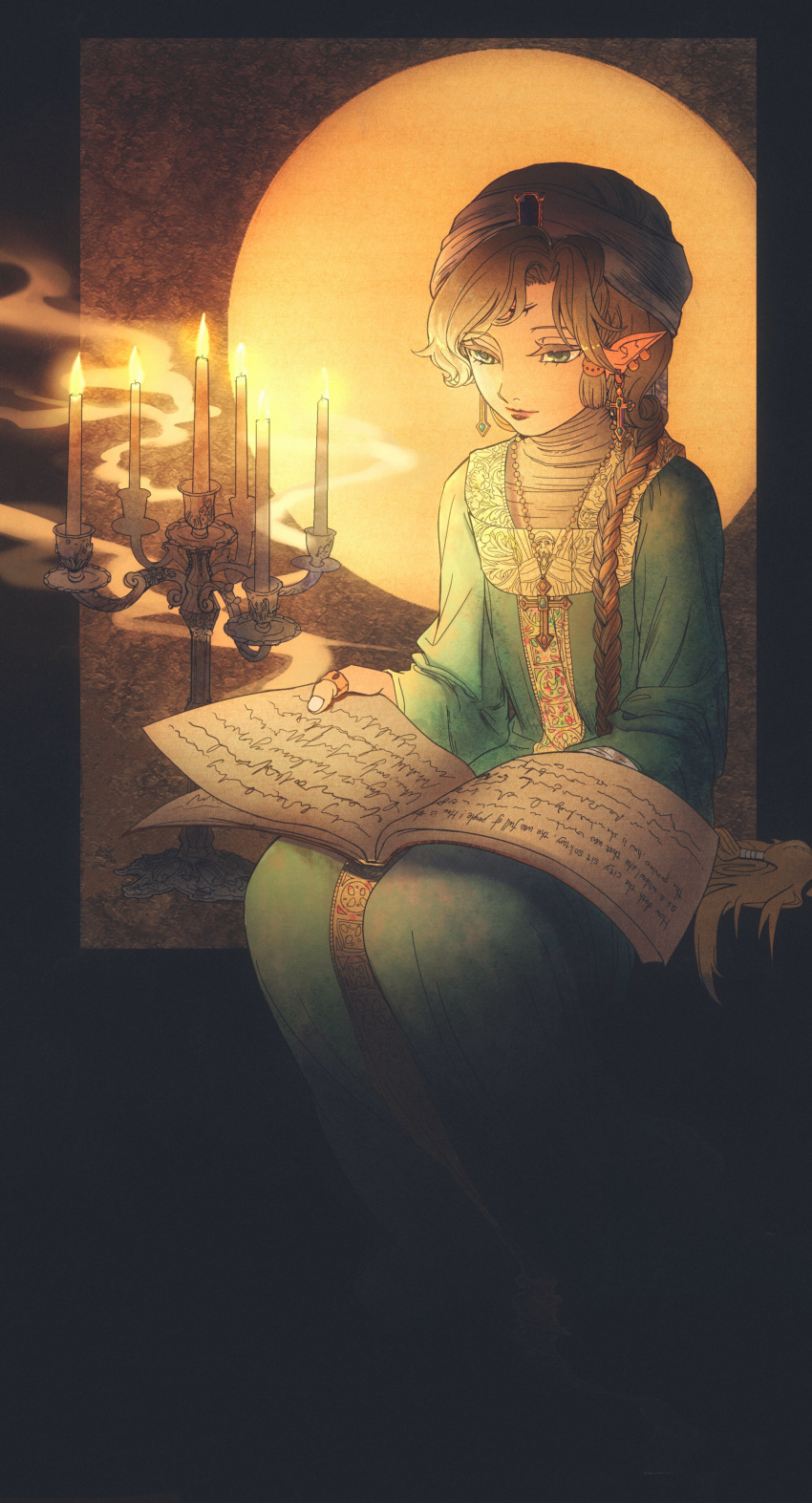 1girl absurdres apize book braid candle dress earrings green_dress green_eyes highres jewelry light_brown_hair lips long_hair necklace original pendant pointy_ears reading ring single_braid sitting smile solo turban very_long_hair