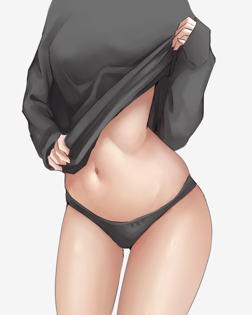 1girl absurdres black_panties black_shirt breasts clothes_lift cozie178 highres lifted_by_self midriff navel original panties shirt shirt_lift stomach tagme underwear white_background