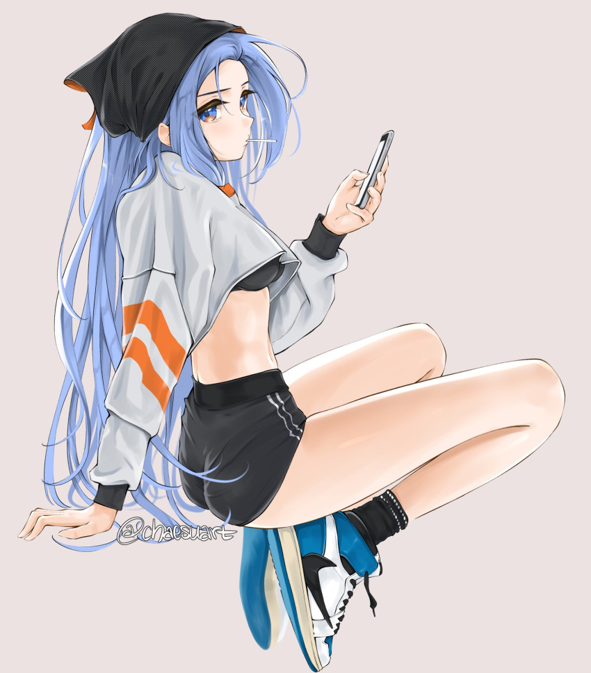 1girl arm_support ass bandana bare_legs black_legwear blue_eyes blue_hair cellphone chaesu commentary crop_top english_commentary grey_background hand_up highres holding holding_phone jacket long_hair long_sleeves looking_at_viewer midriff minah_(chaesu) original phone shoes simple_background smartphone sneakers socks solo thighs