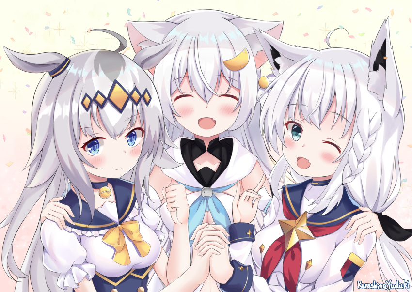 3girls absurdres ahoge animal_ears artist_name blue_eyes breasts cat_ears closed_eyes cosplay fang fox_ears hair_ornament highres hololive horse_ears horse_girl kurashina_yuzuki long_hair looking_at_viewer multiple_girls oguri_cap_(umamusume) one_eye_closed open_mouth original shirakami_fubuki silver_hair simple_background smile umamusume