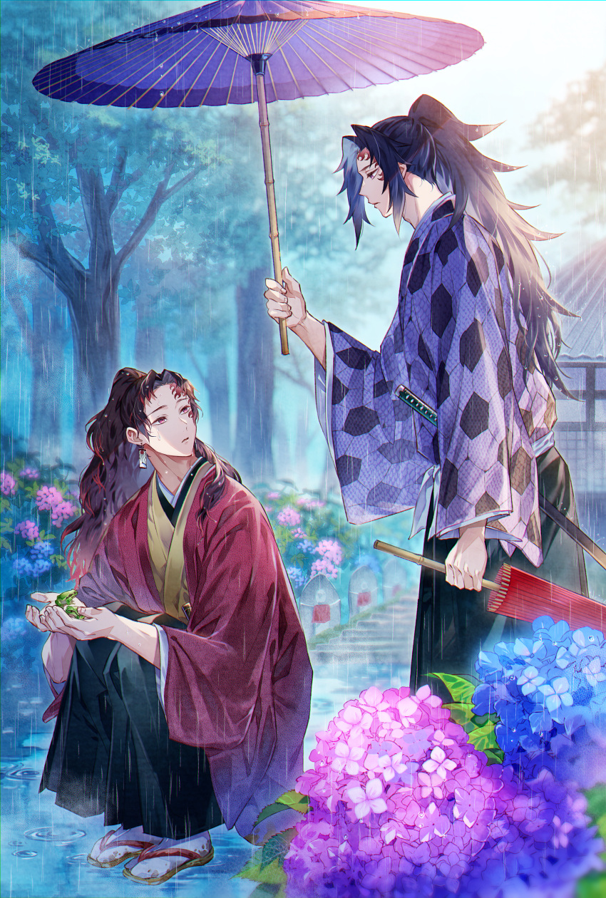 2boys absurdres black_hair black_hakama blue_flower brothers earrings eye_contact flower hakama hanafuda high_ponytail highres holding holding_umbrella huge_filesize japanese_clothes jewelry kimetsu_no_yaiba kimono long_hair long_sleeves looking_at_another looking_back male_focus multiple_boys oil-paper_umbrella oyumai pink_flower purple_umbrella rain red_umbrella siblings squatting standing tabi tsugikuni_michikatsu tsugikuni_yoriichi twins umbrella very_long_hair white_legwear yellow_kimono