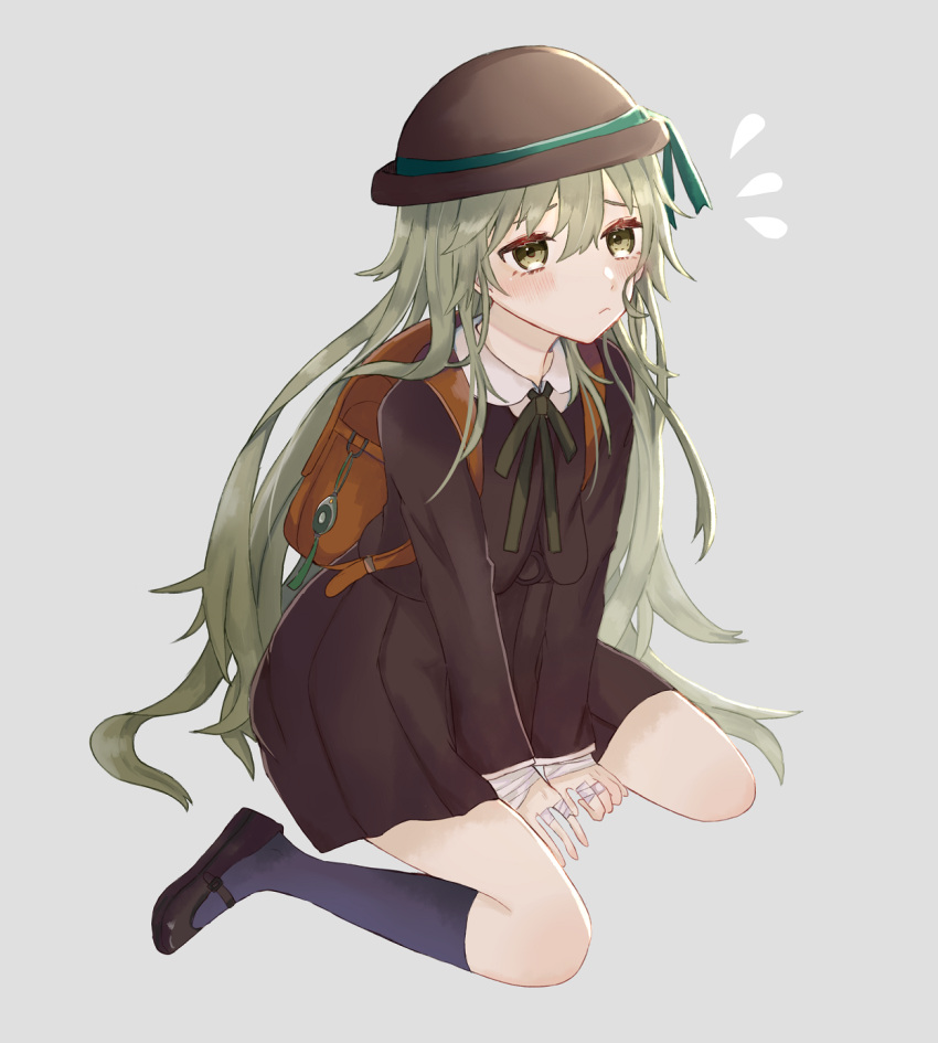 1boy akitama2727 backpack bag bandages bangs brown_bag brown_dress brown_headwear closed_mouth cosplay crossdressinging dress full_body full_moon green_eyes green_hair grey_background hair_between_eyes highres long_hair long_sleeves looking_at_viewer moon otoko_no_ko pinocchio_(sinoalice) purple_legwear school_uniform shoes simple_background sinoalice sitting solo sweatdrop three_little_pigs_(sinoalice) three_little_pigs_(sinoalice)_(cosplay) wariza