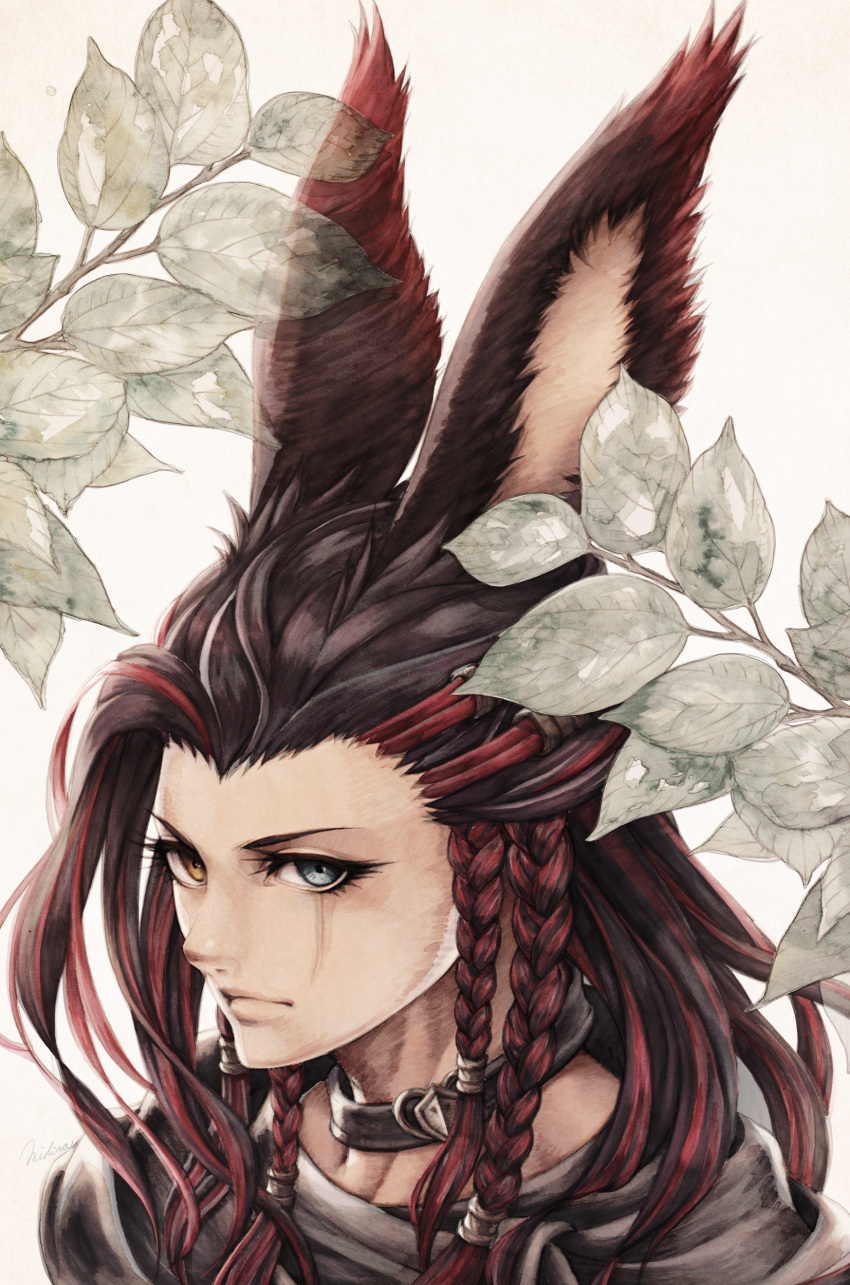 1girl absurdres animal_ears braid brown_hair choker close-up face final_fantasy final_fantasy_xiv heterochromia highres leaf long_hair looking_at_viewer mihira_(tainosugatayaki) multicolored_hair portrait rabbit_ears redhead scar scar_across_eye solo two-tone_hair viera white_background